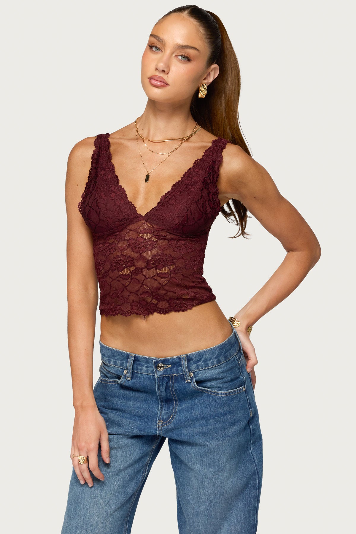 Vanya Sheer Lace V Neck Top