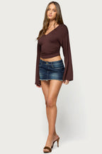 Bebe Ruched Long Sleeve V Neck Top