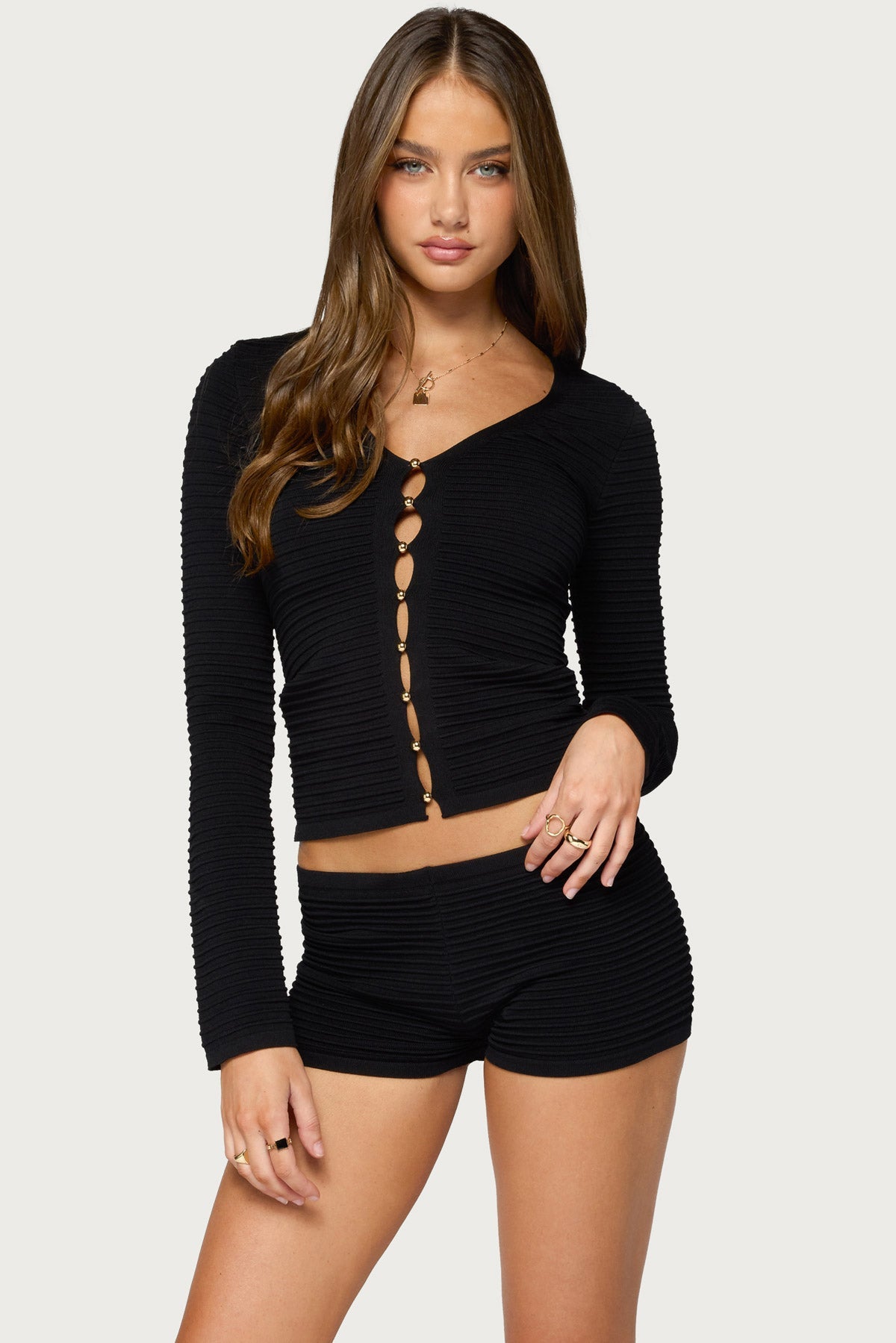 Caidy Cutout Textured Knit Cardigan