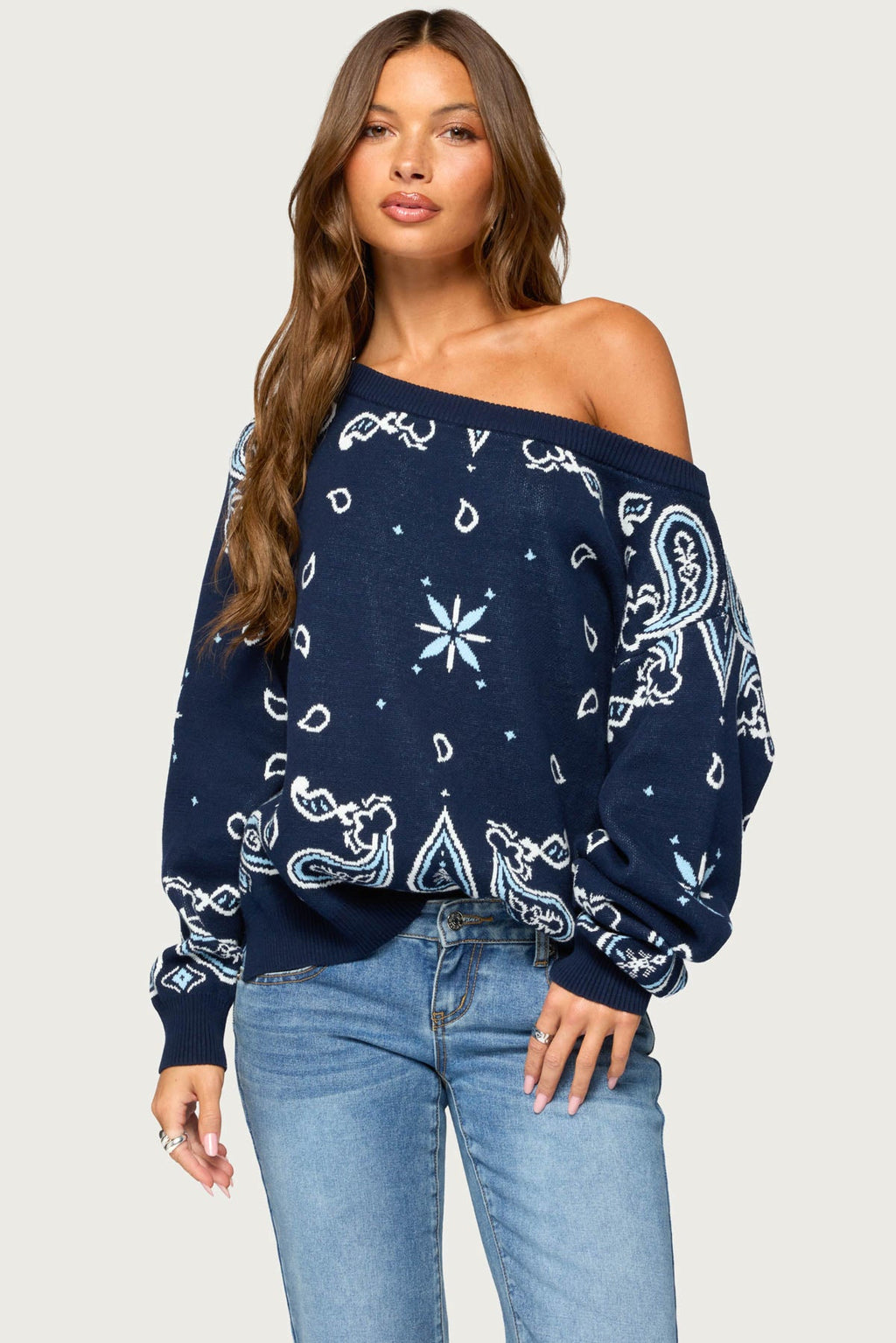Faiga Off Shoulder Bnadana Knit Sweater