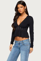 Corrah V Neck Studded Peplum Top